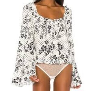 INTIMATELY FREE PEOPLE 🆕 Floral Black and White Bodysuit Long Sleeve Top Size M